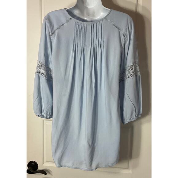 Intro Pale Blue Pleated Crochet 3/4 Sleeve Boho Peasanr Cottage Top PM - Picture 3 of 7